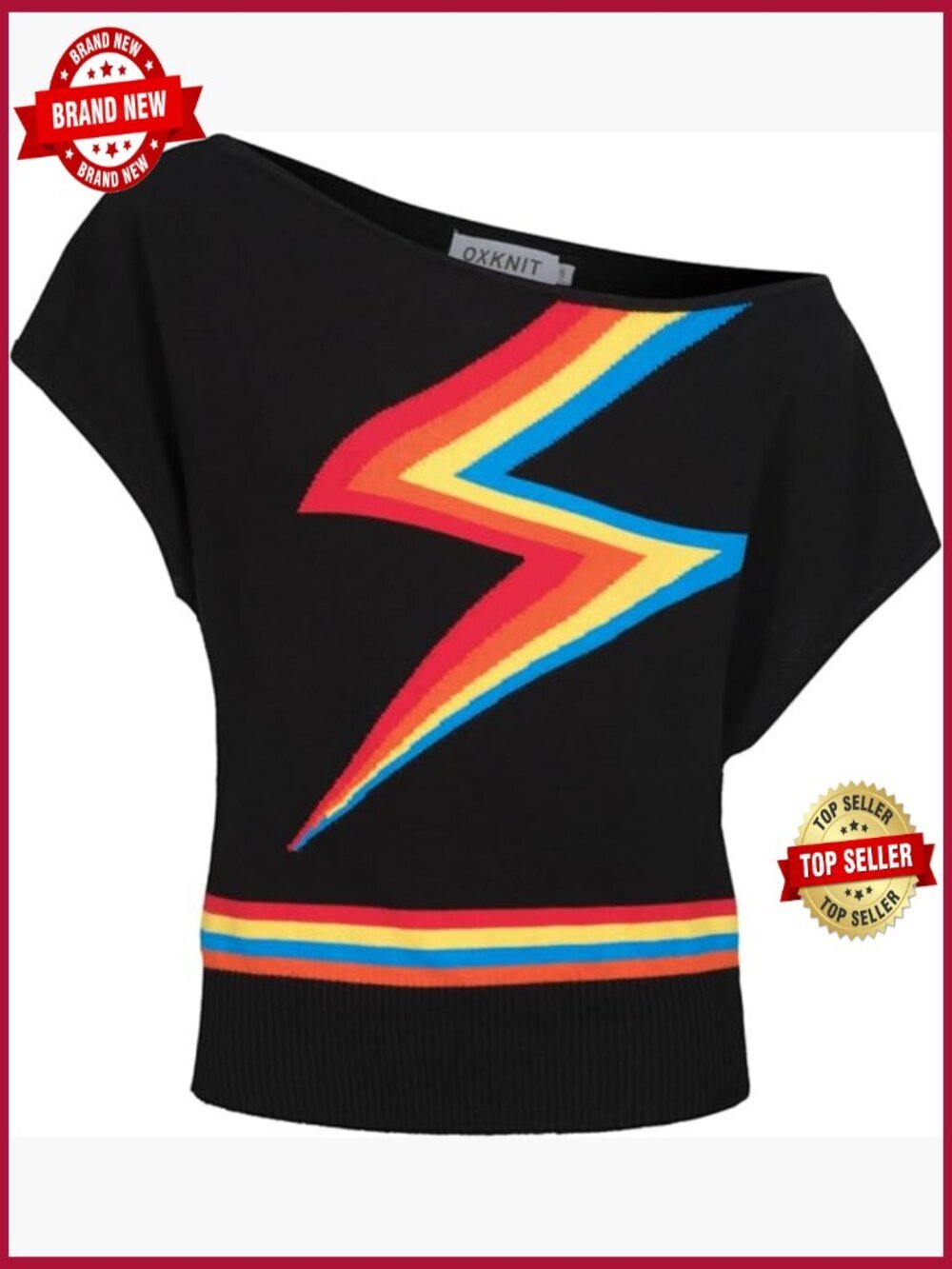 Retro Colorful Lightning Pattern Knit Off The Shoulder Tee